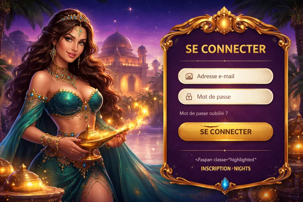 Prince Ali Casino page de connexion horizontale avec thème oriental, princesse arabe, lampe magique, interface “Se connecter” en français avec champs email et mot de passe, design luxe violet et or