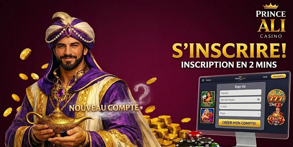 A royal figure in a purple and gold robe holds a magic lamp, welcoming users to sign up for Prince Ali Casino on a screen displaying a registration form with game icons and a 2-minute inscription promise.