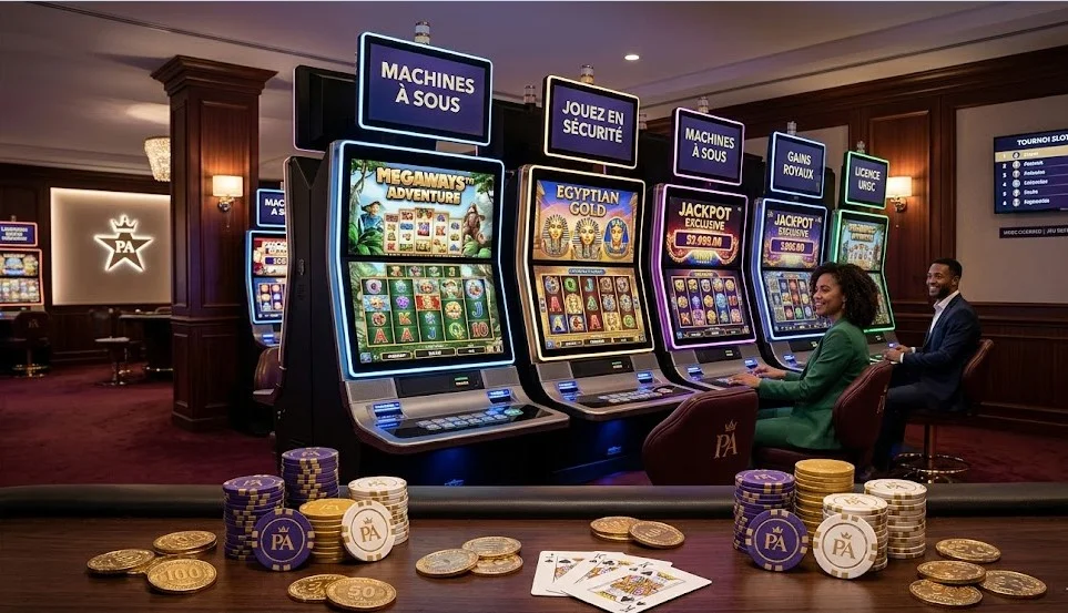 Des clients profitent de diverses machines à sous sur le thème de Megaways et de l'Égypte au Prince Ali Casino, tandis que des jetons et des cartes à jouer sont disposés au premier plan.